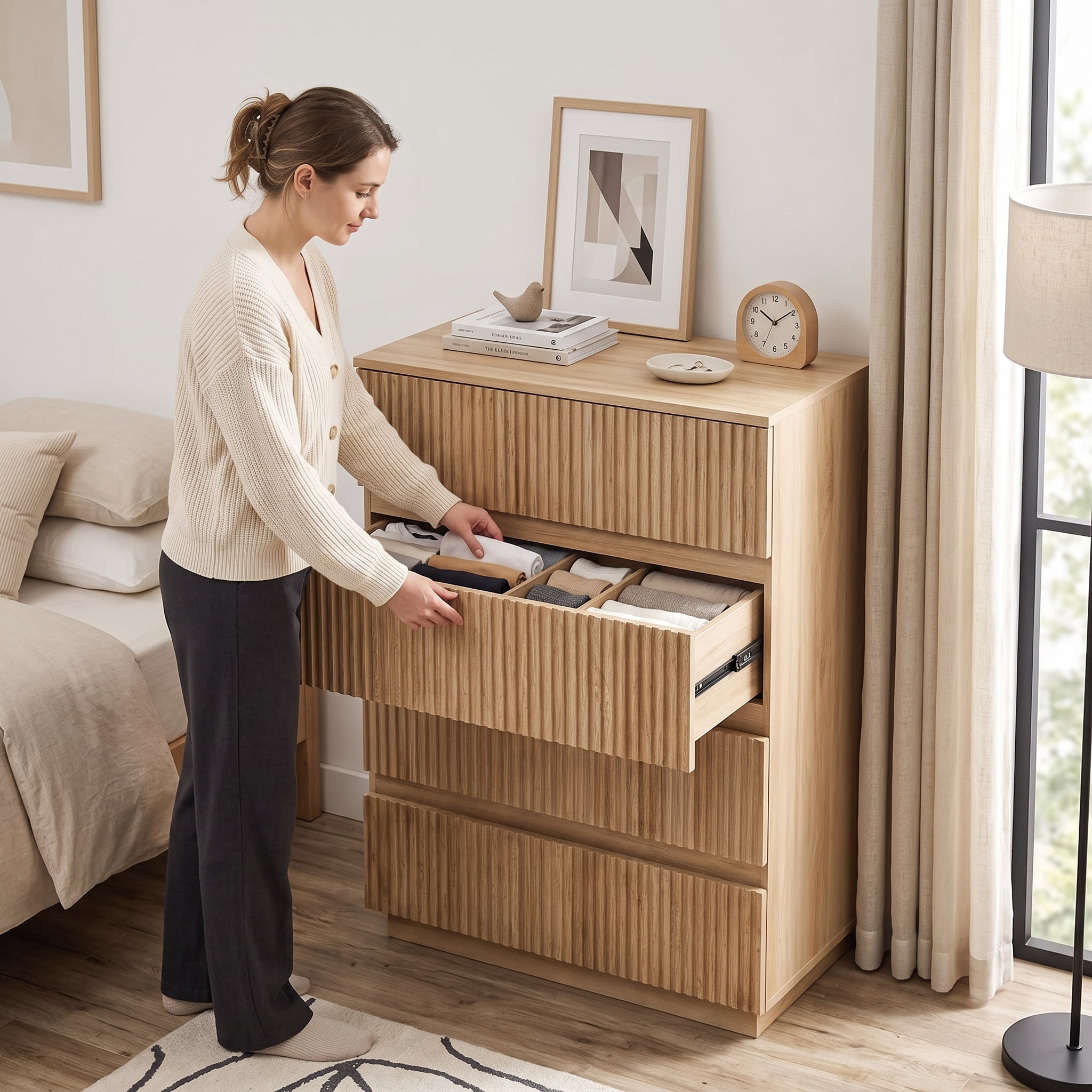 Handleless Grille-Finished 4-Drawer Bedside Table, P2 Particleboard + MDF & ,elamine Veneer + Thermoformed Drawer Dresser 23.62*14.96*30.71in Oak