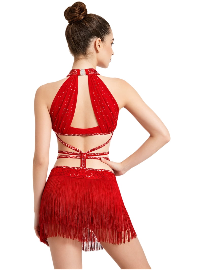 Doomiva Women Latin Dance Dress Sleeveless Shiny Sequin Tassel Dress Red M
