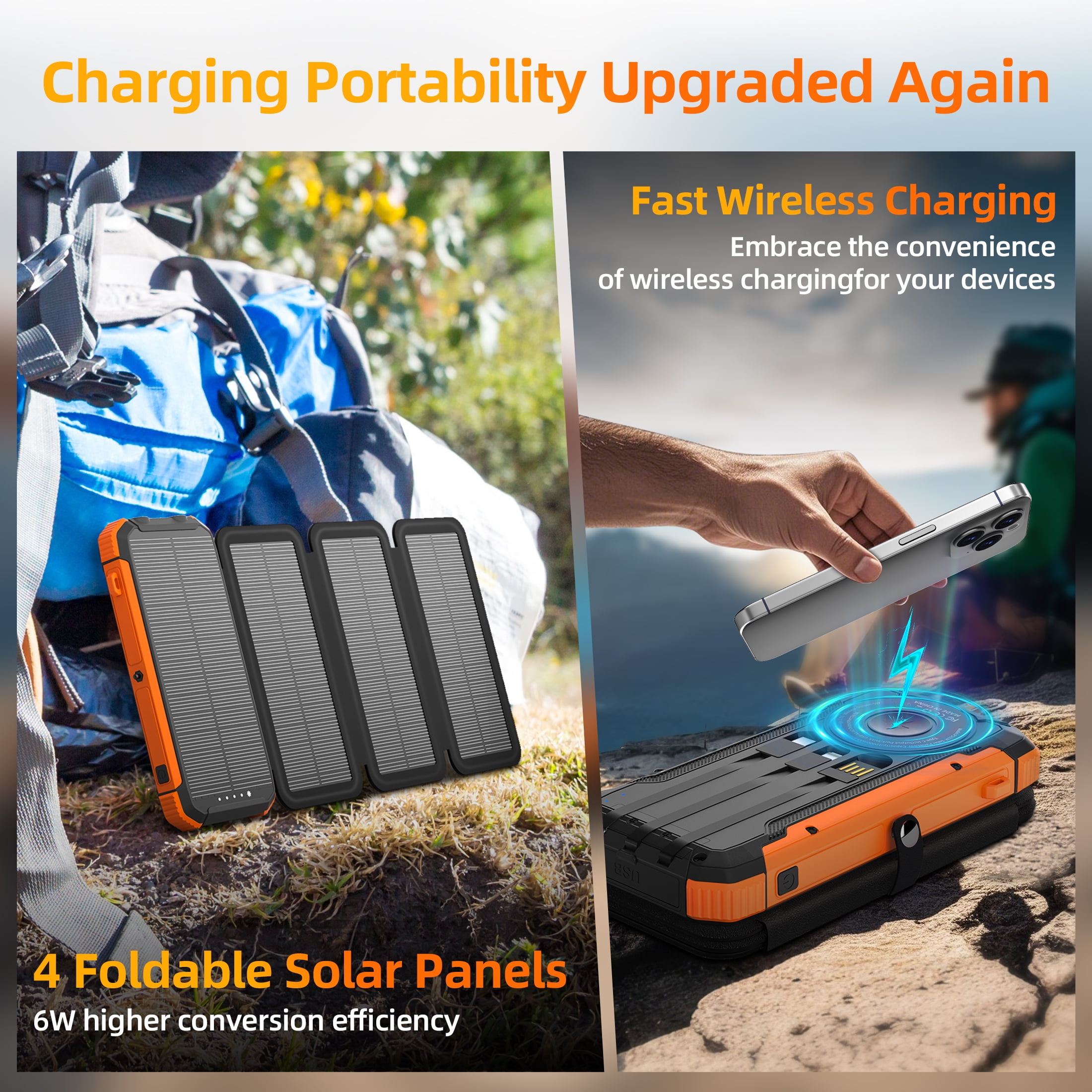 SOLPOWBEN 20000mAh Solar Power Bank With 4 Solar Panels,Portable Charger with Built-in 3 Cables and 22.5W Fast Charging,Phone Charger Compatible with iPhone/Android-Camping/Travel Essentials(Orange)