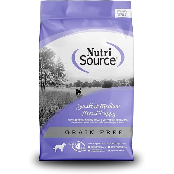 NutriSource Grain Free Dry Puppy Food for Small and Medium Breeds, Turkey, Whitefish and Menhaden Fish Meal, 26LB