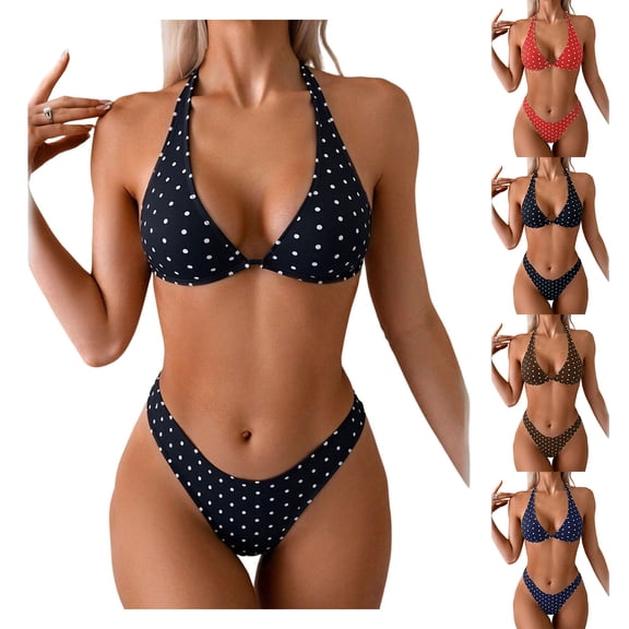 EchfiProm Bathing Suits for Women Bikini Swimwear Two Piece Black Polka Dot Beach Ladies Swimsuits