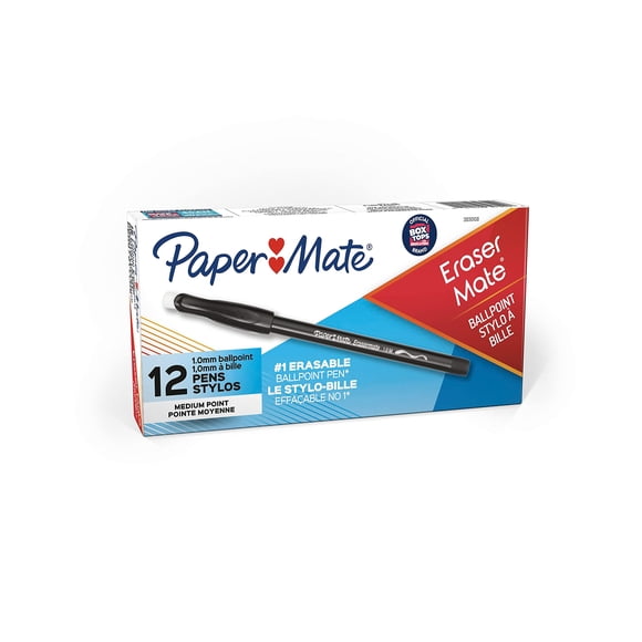 Bolígrafo Paper Mate EraserMate punta mediana negra, paquete de 12
