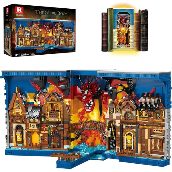 Shire Booknook Building Set with Light, H.obbit-Themed DIY Bookend Building Block Kit,Medieval Dragon Book Nook 3398PCS, Bookshelf Home Decor