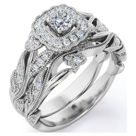 JeenMata Antique - Round Lab Grown Diamond - Edwardian Diamond Filigree Ring - Art Deco Style - Wedding Ring Set in 10K White Gold