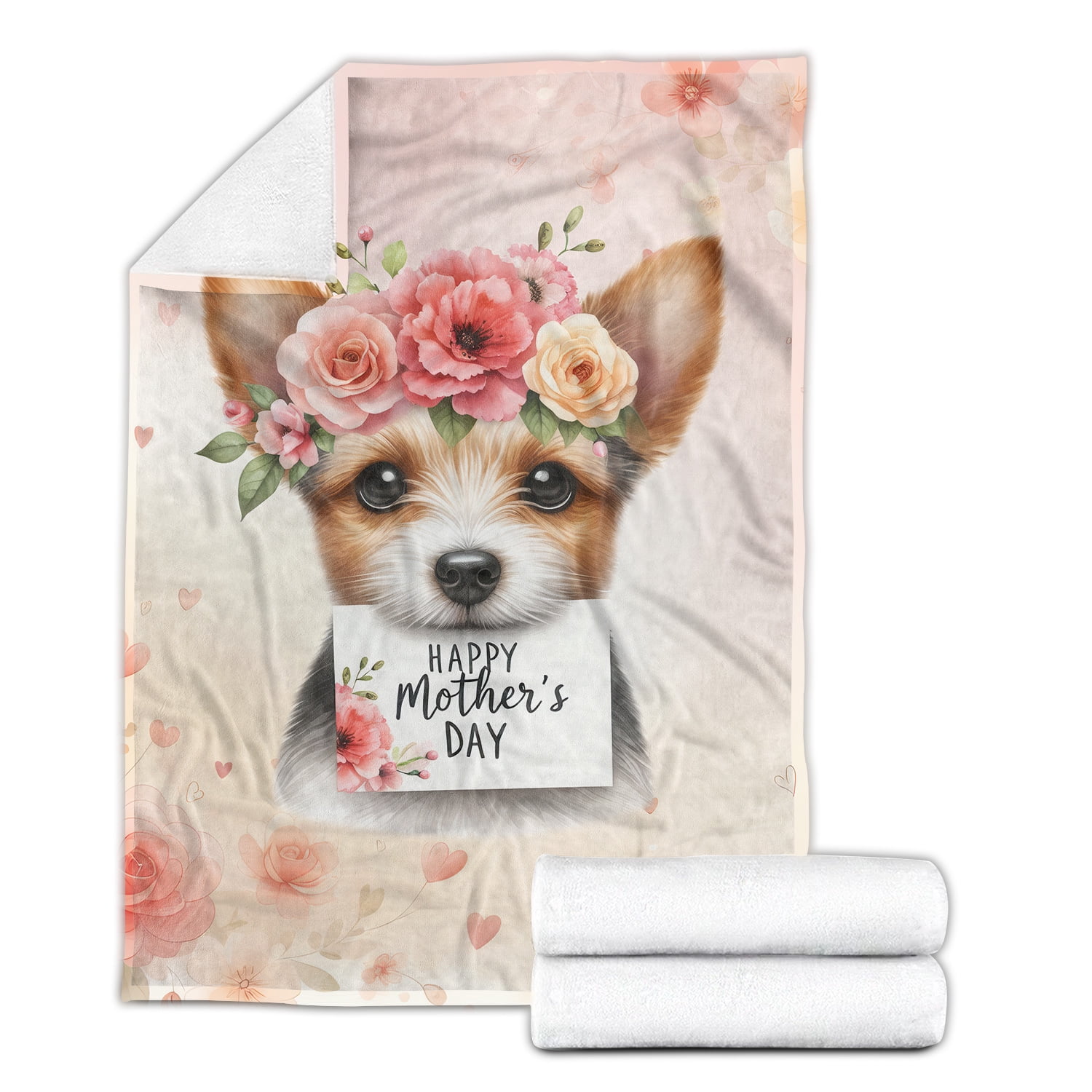 Happy Mother's Day Toy Fox Terrier with Flower Crown and Greeting Card Cozy Fleece Blanket Dog Lover Warm Soft Throw Blanket - 13004