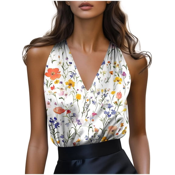 Levmjia Womens Tank Top V Neck Satin Floral Printed Sleeveless Camisole Elegant Wear Polyester Work Office Versatile Spring Summer
