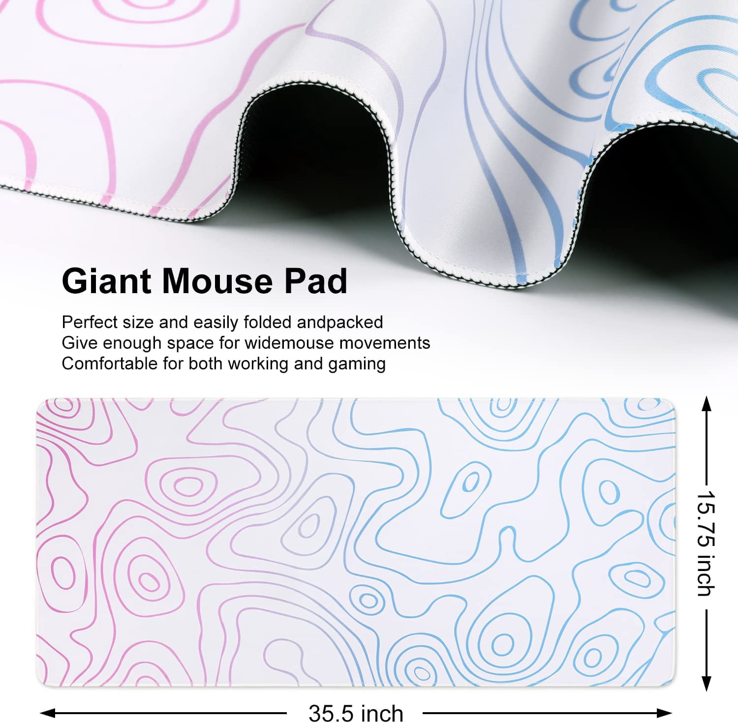 Large Gaming Mouse Pad, Non-Slip Rubber Base Water-Resistant Mousepad Desk Mat for Computer Keyboard, 35.4" x 15.75" Extended Desk Pad with Stitched Edges for Office Gaming, Contour Line-White