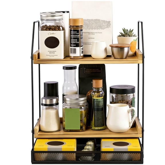 Countertop Coffee Station Organizer, 2 Tier Wooden Shelf for Coffee Bar Accessories, Coffee Syrup Organizer Coffee Pod Holder for Home, Office, Condiment Storage Caddy for Kitchen
