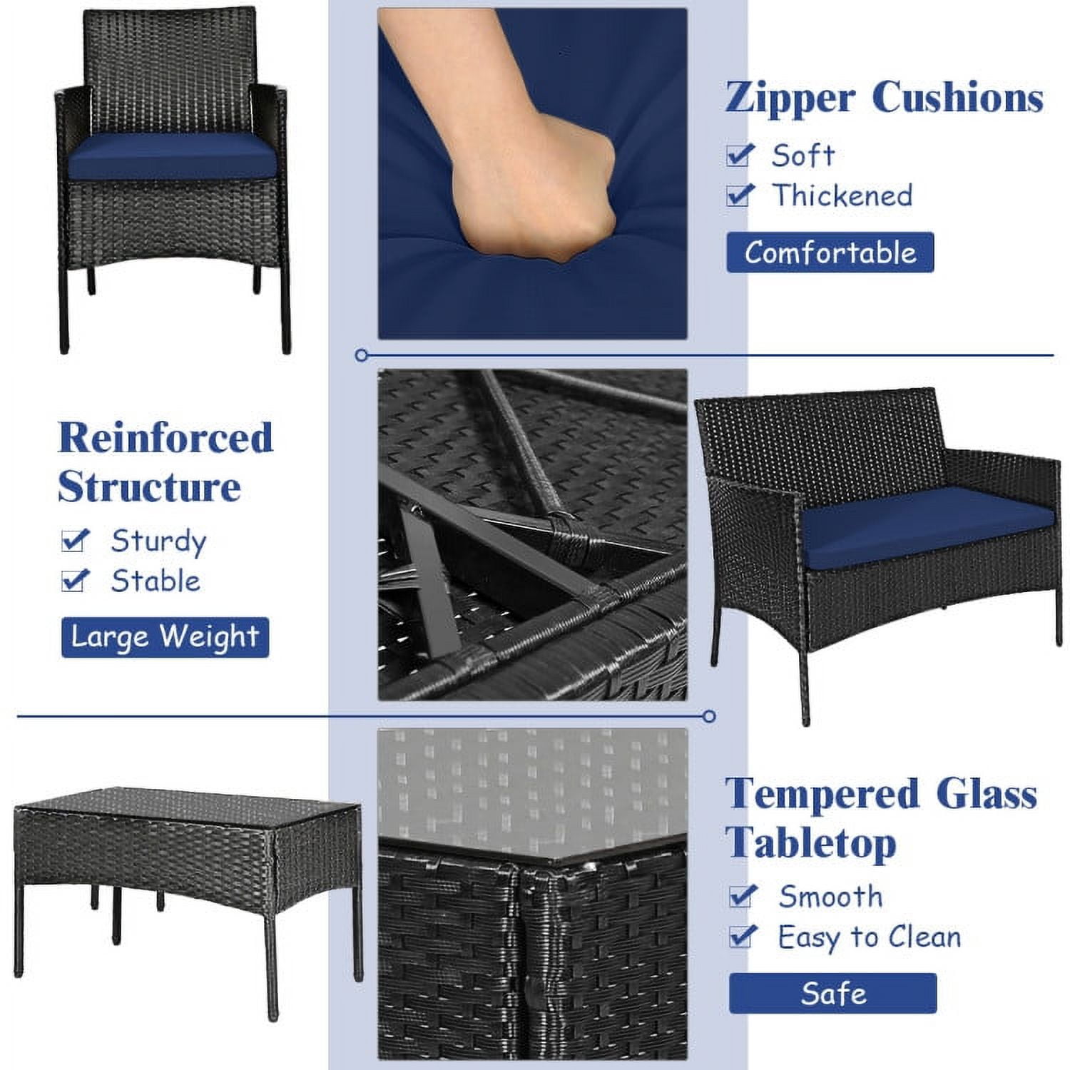 Aimee Lii 4 Pcs Patio Wicker Furniture Set, Cushioned Sofa Furniture with Tempered Glass Coffee Table, Small Patio Set, Navy Aimee Lii 4 Pcs Patio Wicker Furniture Set, Cushioned Sofa Furniture with Tempered Glass Coffee Table, Small Patio Set, Navy