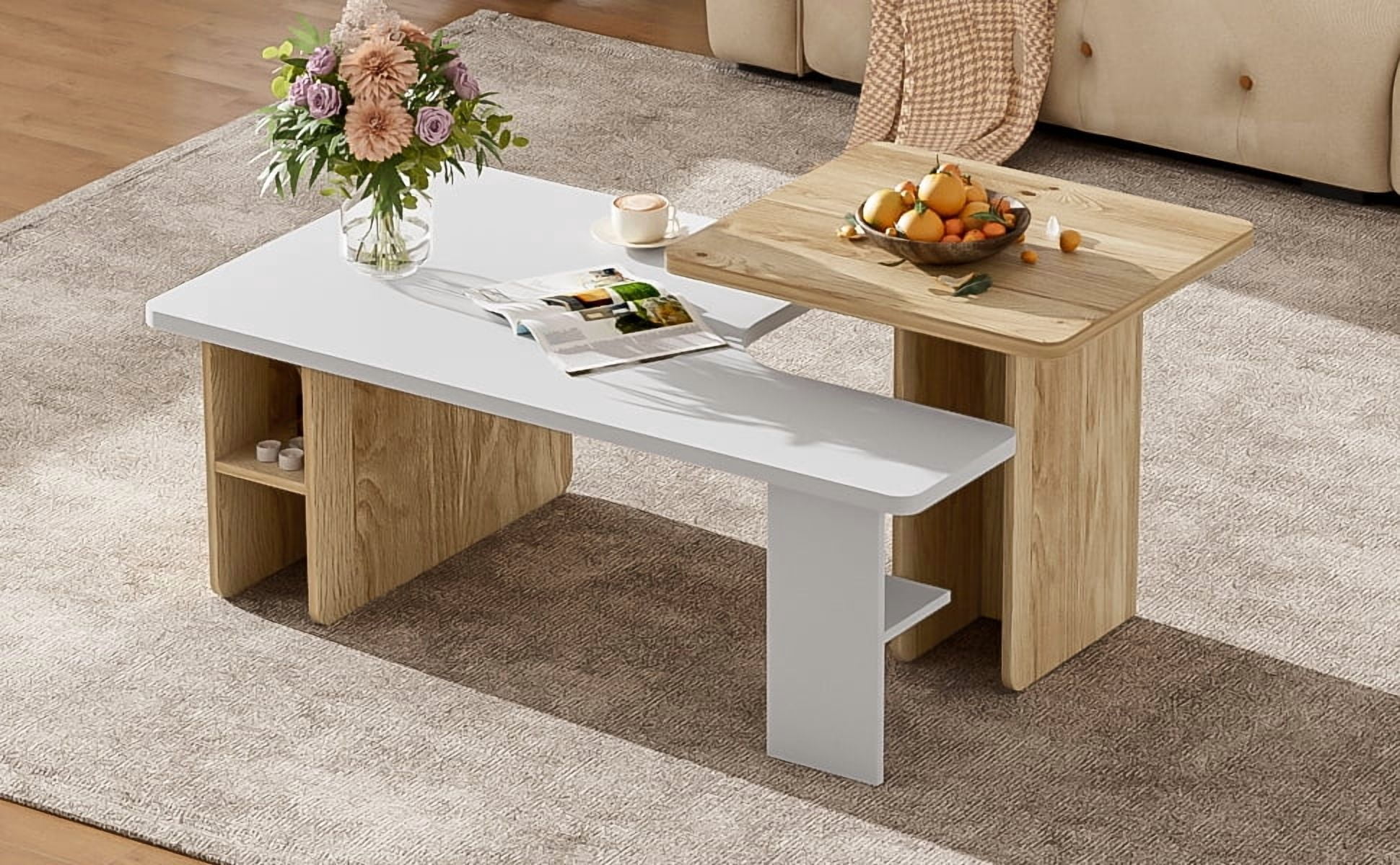 Euroco 2-Piece Nesting Coffee Table Set for Living Room, Modern Round Coffee Tables with Wood Grain Veneer, Space-Saving Layered Design, Particle Board Construction