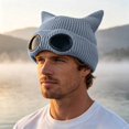 thumbnail image 3 of Ticikt Unisex Fleece‑Lined Knit Beanie Hat, Winter Warm Cat‑Ear Knitted Cap with Decorative Goggles Windproof Outdoor Skull Hat for Men Women,Grey, 3 of 5
