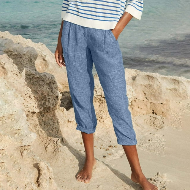 CFLVAEK Fake Denim Distressed Capri Pant with Pocket for Women Loose Fit Solid Ruched Beach Pant Flowy Breathable Straight Pedal Pushers Lightweight Mid Rise Ladies Lounge Pants