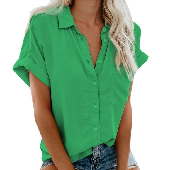 Pisexur Womens Short Sleeve Shirts Summer Tops V Neck Collared Button Down Shirt Blouse with Pocket Business Casual Tops