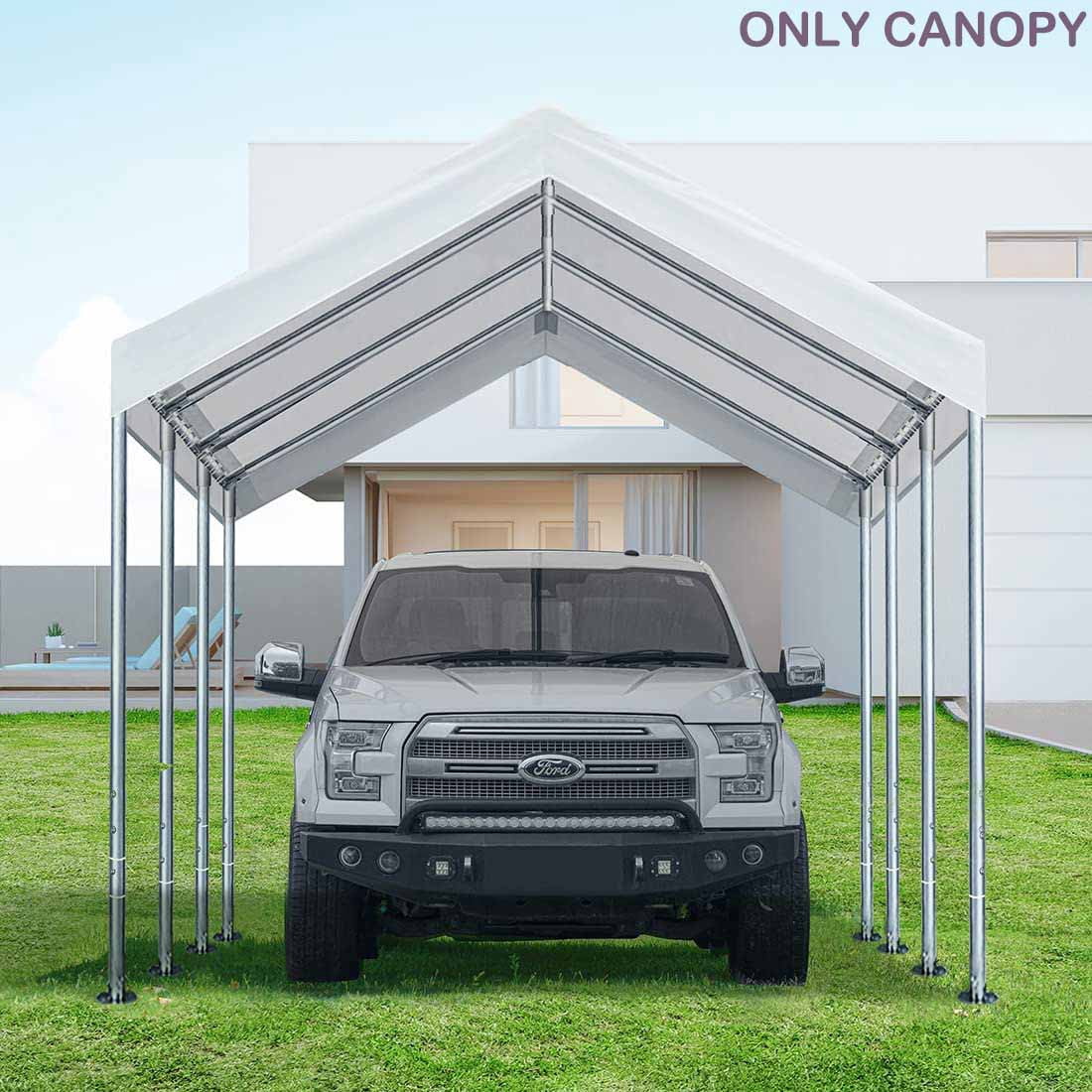 Vanteriam 10'x20' Carport Canopy Replacement Top Cover for Car Garage Shelter Party Tent with Ball Bungees White (Only Top Cover, Frame is not Included)