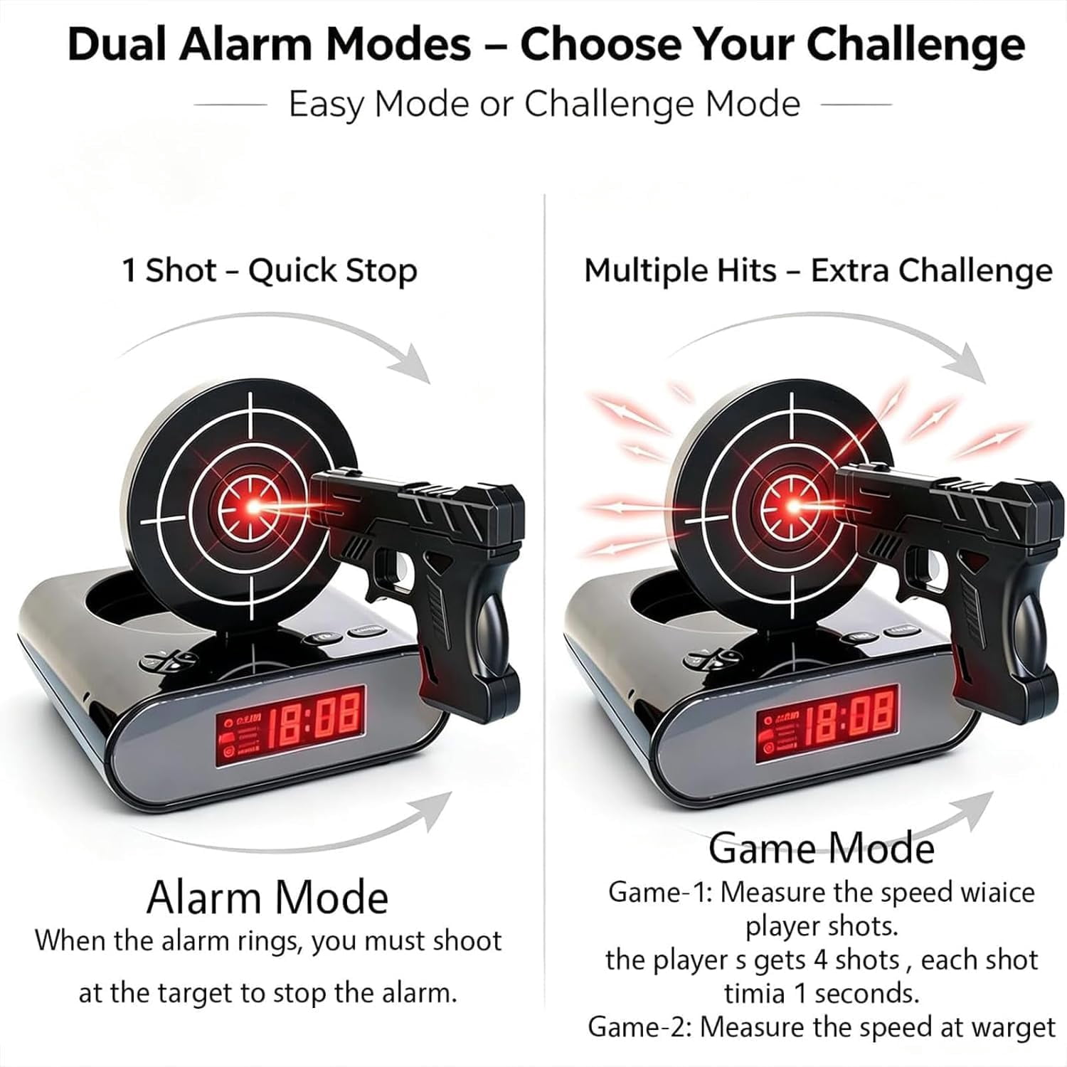 Target Alarm Clock with Gun, Gun and Target Wake Shot Alarm Clock, LED Display with Ringtones Customization, Digital Shooting Game Timer for Home Office (1pc)black