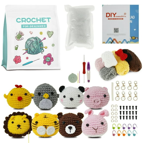8Pcs Crochet Kit Crochet Knitting Kit Cute Animal Crochet Starter Pack with Keychain for Beginners