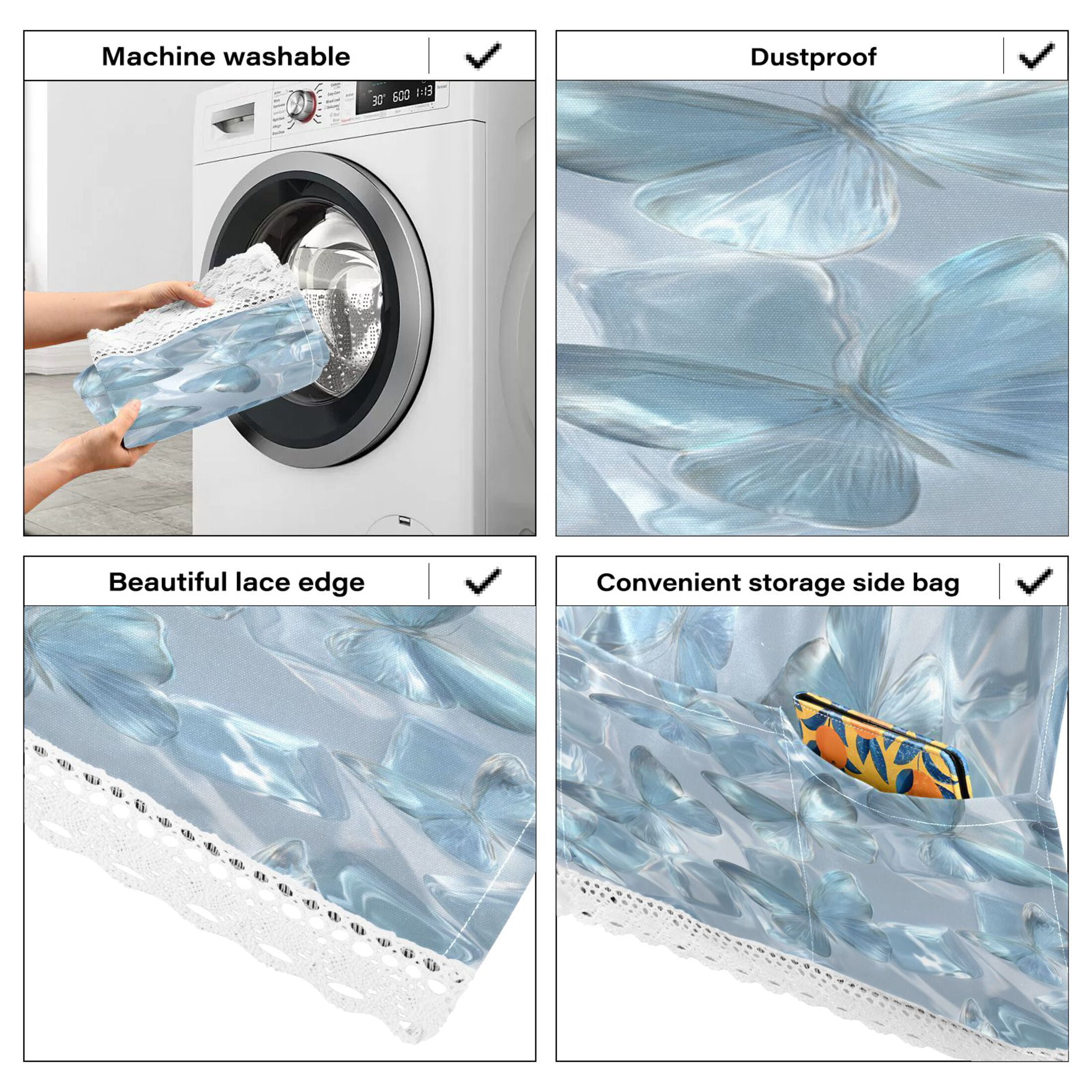 Washing Machine Cover 51.2x22in, Durable Polyester Dust Cover with Lace Trim and Side Pocket for Appliances Ice Butterfly