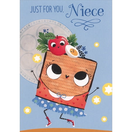 Designer Greetings Smiley Faced Matzah with Big Eyes, Blue Skirt and Red Sneakers Juvenile Passover Card for Young Niece