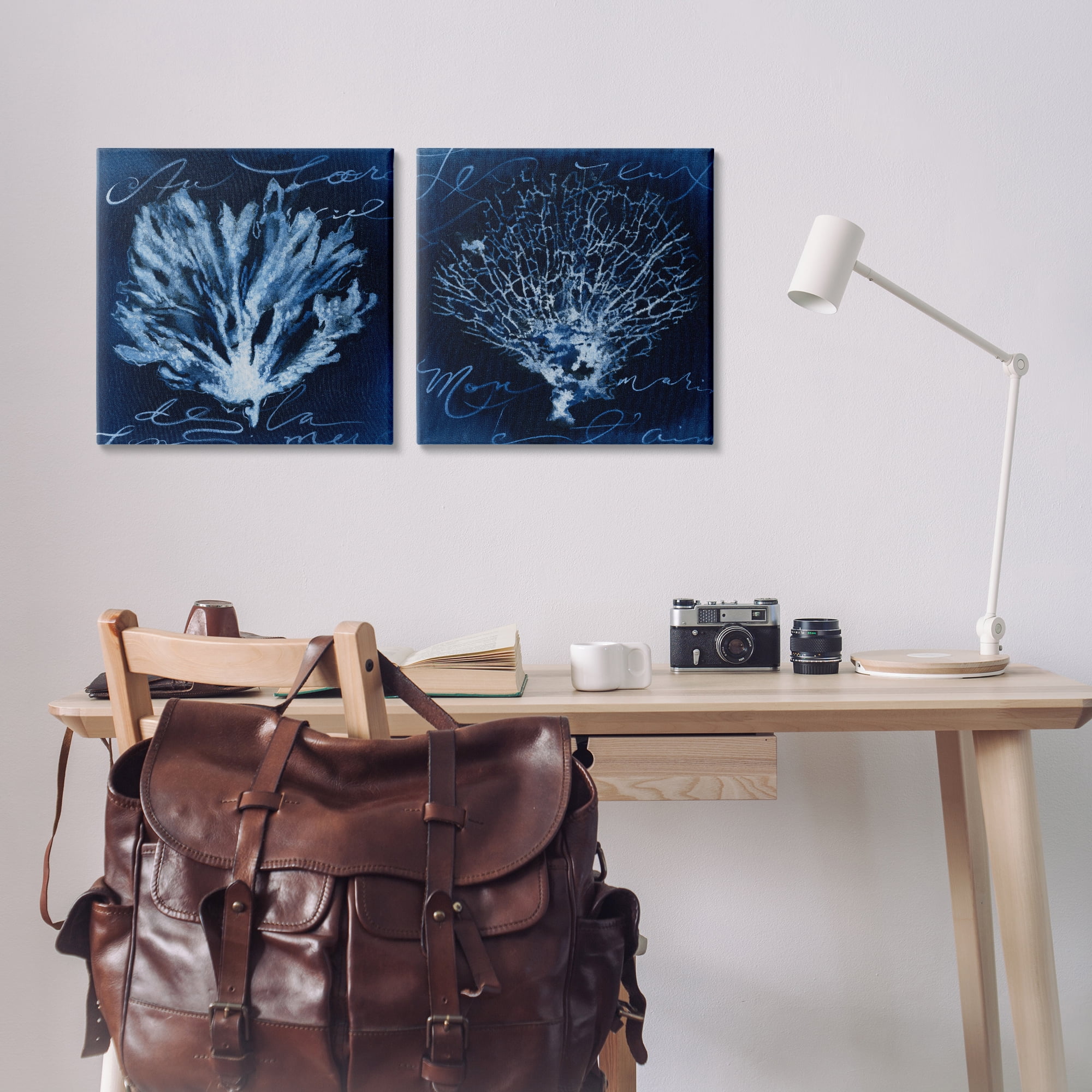 Stupell Industries Dark Blue Coral Pieces Nautical & Beach Painting Wrapped Canvas Art Print Wall Art, 17 x 17, Set of 2