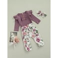 thumbnail image 3 of Qiylii Baby Girls Outfits Ribbed Fly Sleeve Bodysuit+Flower Trousers + Headband, 3 of 8