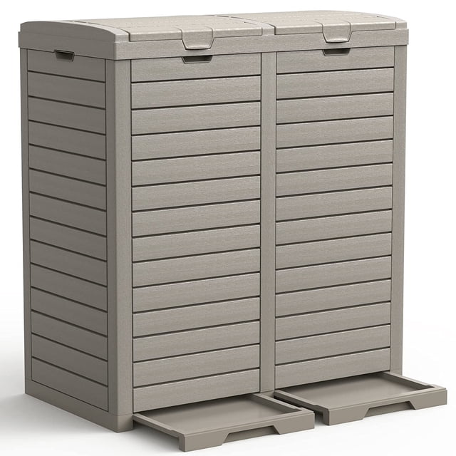 DEXTRUS 62 Gallon Outdoor Hideway Dual Trash Can with Lid & Drip Tray, Resin Garbage Bin, Double Compartment Recycling, Taupe