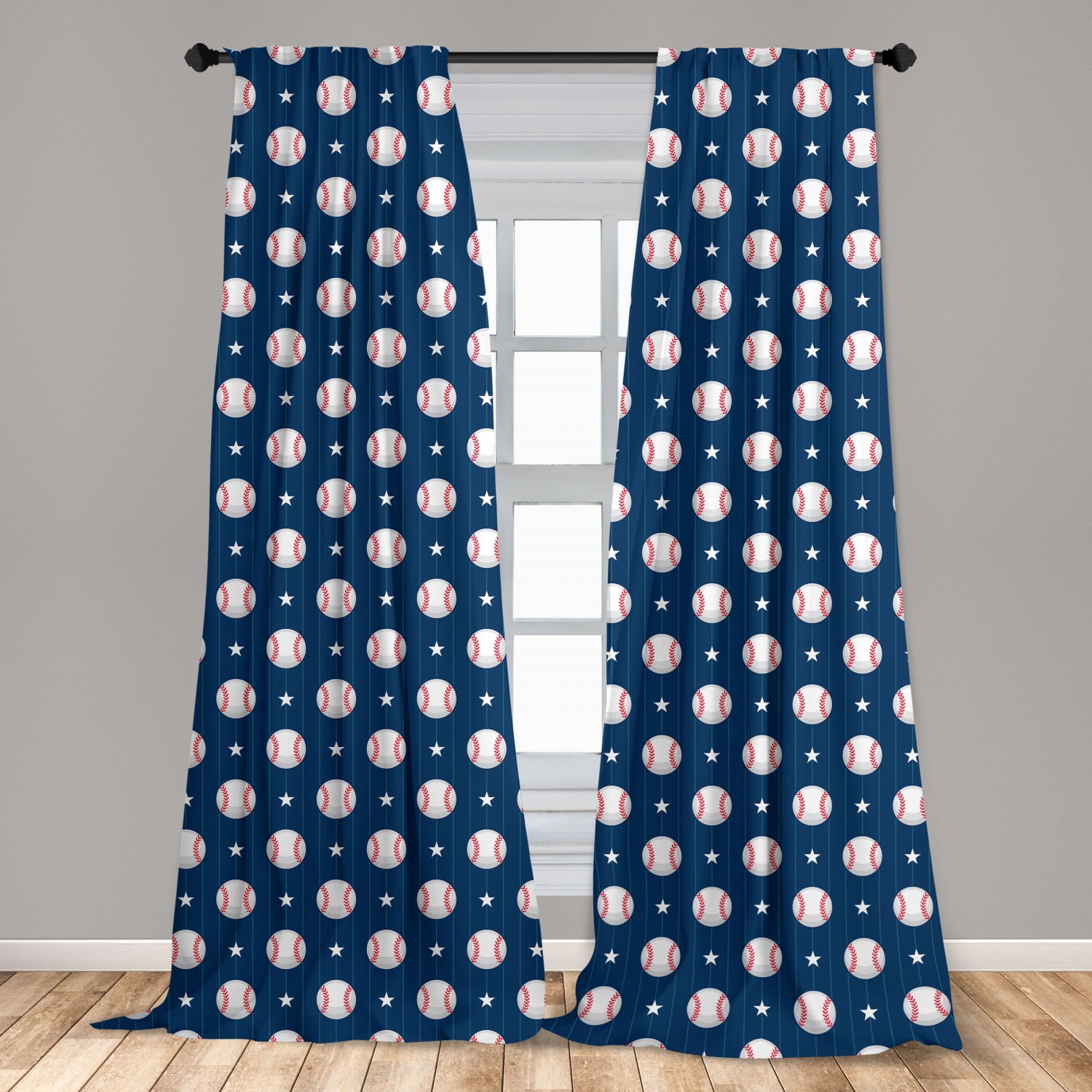 Sports Curtains 2 Panels Set, Baseball Patterns on Vertical Striped Background Stars Design, Window Drapes for Living Room Bedroom, 56"W X 84"L, Night Blue Red White, by Ambesonne