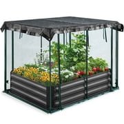 Quictent 4x3x1 ft Raised Garden Bed Galvanized Steel Metal with Crop Cage Outdoor Plant Protection Net Tent Shade Cloth Kit Metal Planter Box Dark Gray