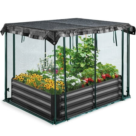 Quictent 4X3X1 Ft Raised Garden Bed Galvanized Steel Metal With Crop Cage Outdoor Plant Protection Net Tent Shade Cloth Kit Metal Planter Box Dark Gray