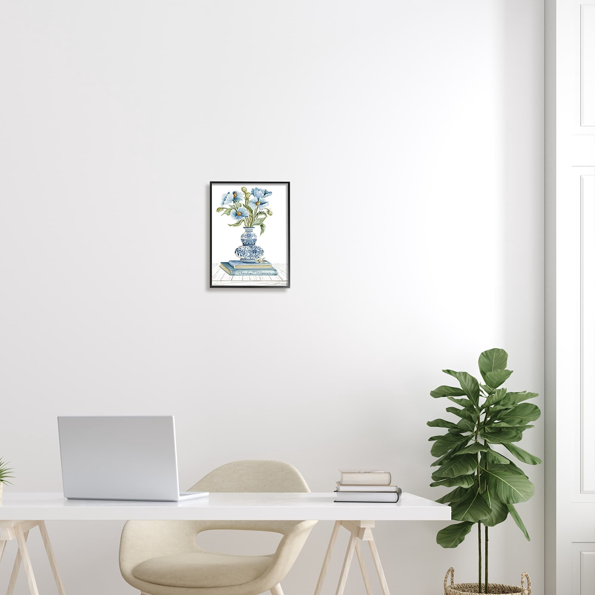 Stupell Industries Blue Flower Arrangement Ornate Pottery Still Life Painting Black Framed Art Print Wall Art, Design by Cindy Jacobs