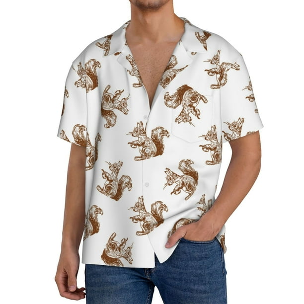 Fotbe Retro Squirrel Camisa Estampada de Manga Corta para Hombre, Casual de Verano, Estilo Playero, Sin Arrugas-3X-Large