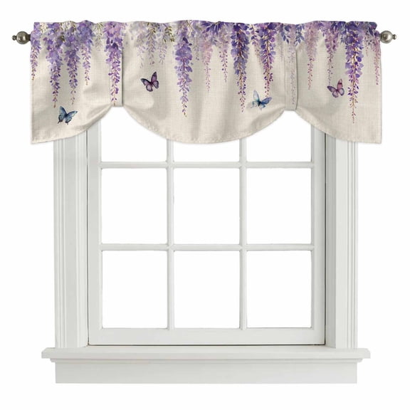Tie Up Valances for Windows, Wisteria Adjustable Valance Curtains Window Treatment for Living Room, Spring Purple Flowers Butterflies Vintage Beige Rod Pocket Kitchen Curtains & Drapes 54x18 Inch