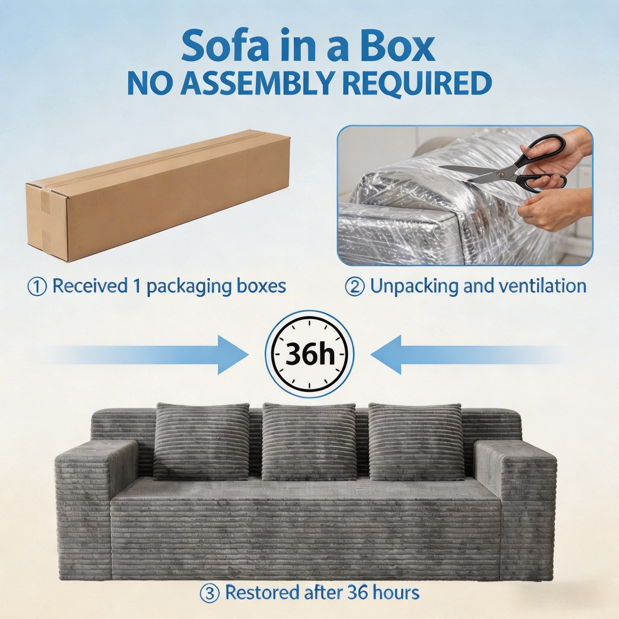 Modern 71" Corduroy Sofa, No Assembly Deep Seat Couch in a Box for Living Room, Grey