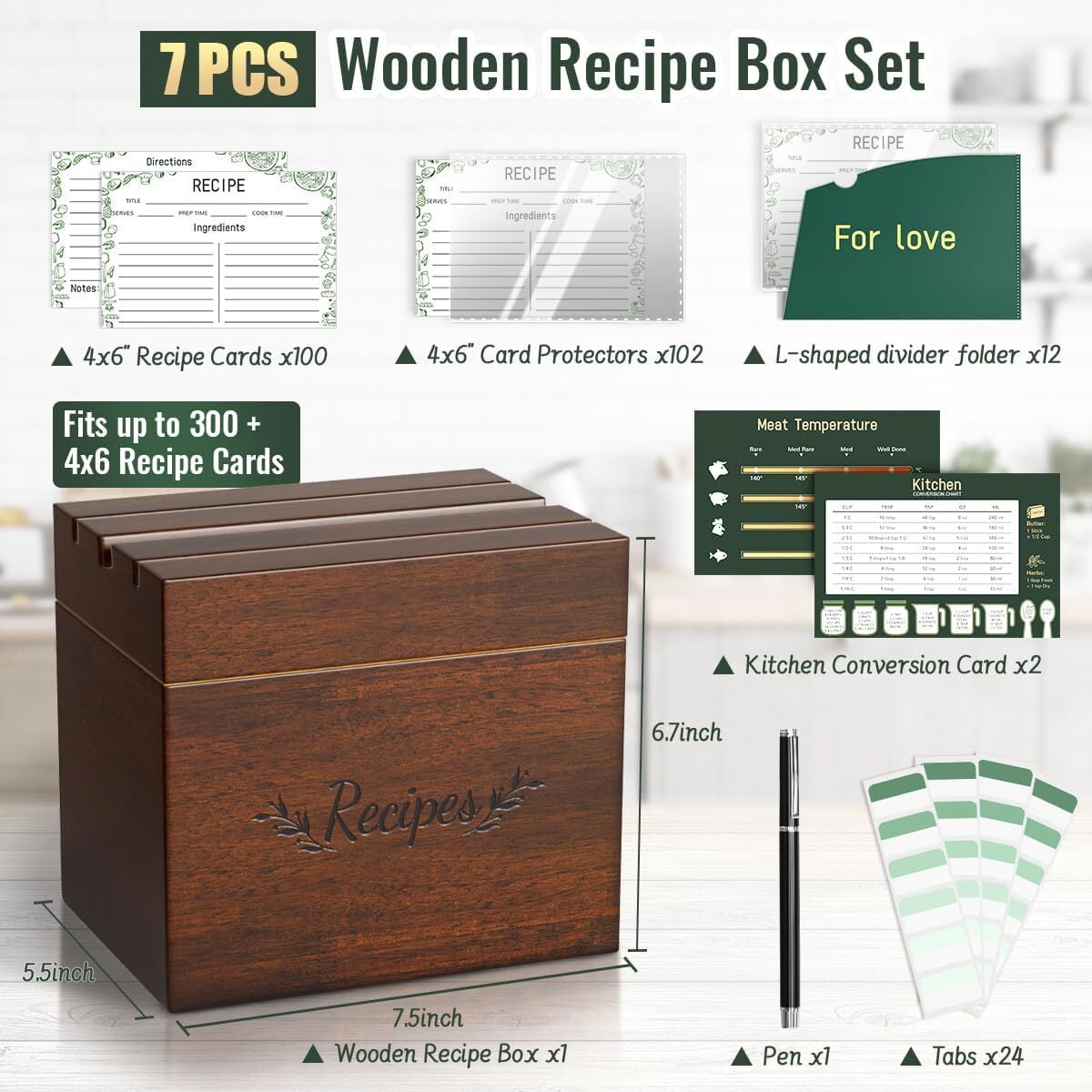 Recipe Box Set with 100 Recipe Cards 4x6 with Protectors,24 Dividers Tabs, Recipe Card Holder, Wood Box Organizer Set to Write in Your Recipes