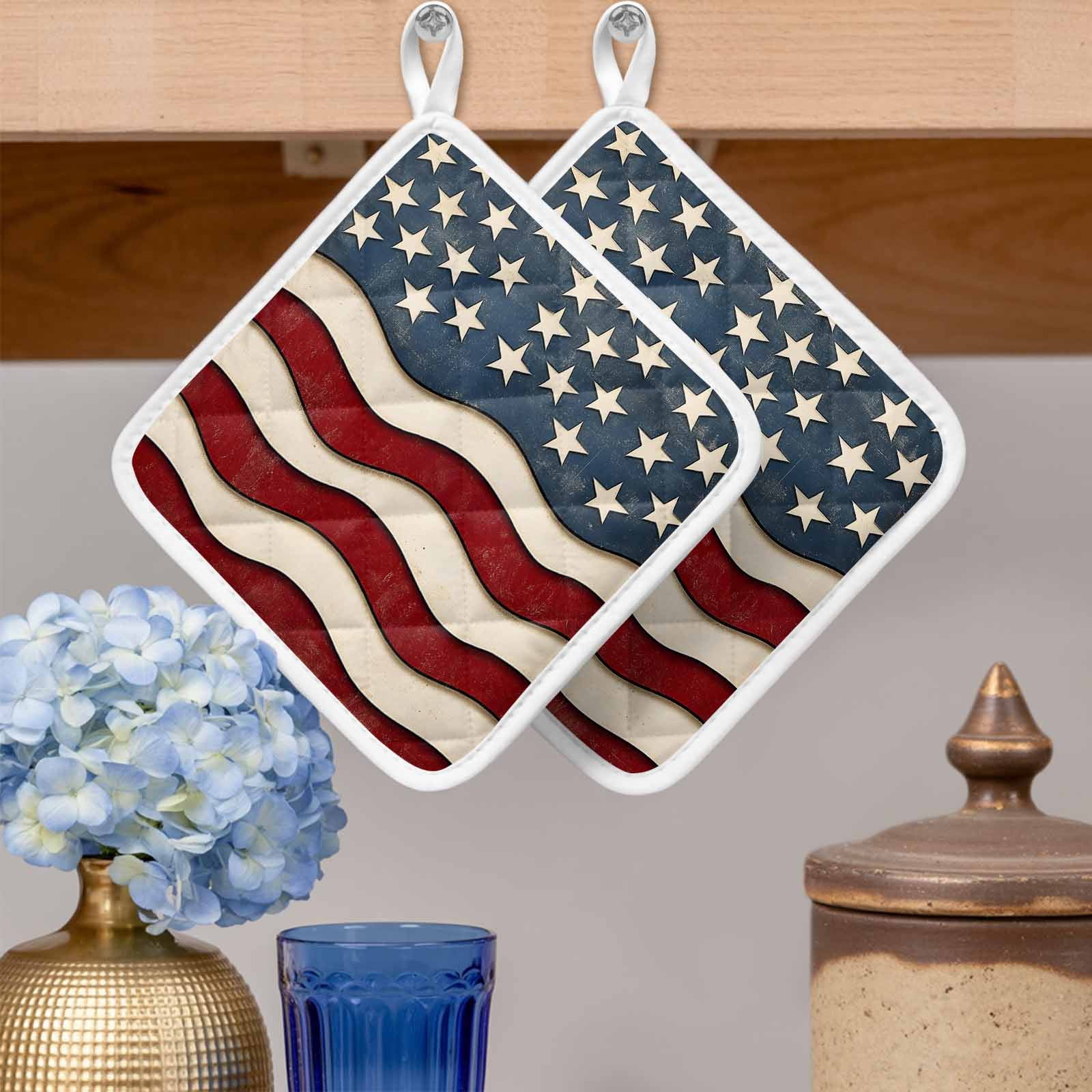 Retro American Flag Pot Holders for Kitchen Heatproof Potholder, 5 Pack White Star Red Blue US Flag Hot Pads Multipurpose Oven Pads Cloth Potholders Trivet for Cooking Baking