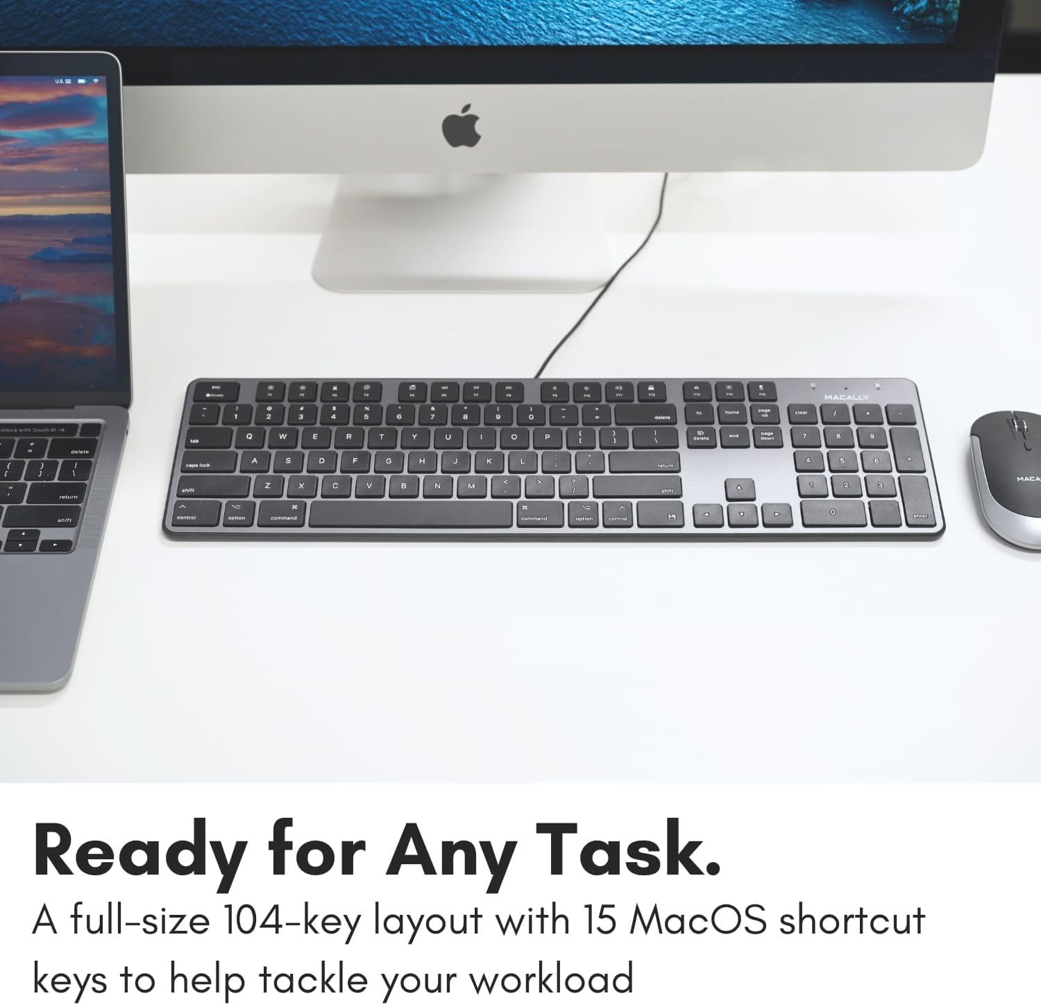 Macally Slim USB Wired Keyboard for Mac - Compatible Full Size Apple Keyboard with 104 Key Layout & 16 Shortcut Keys - Scissor Keycaps for Tactile Typing for Mac Mini, Macbook Pro / Air, iMac