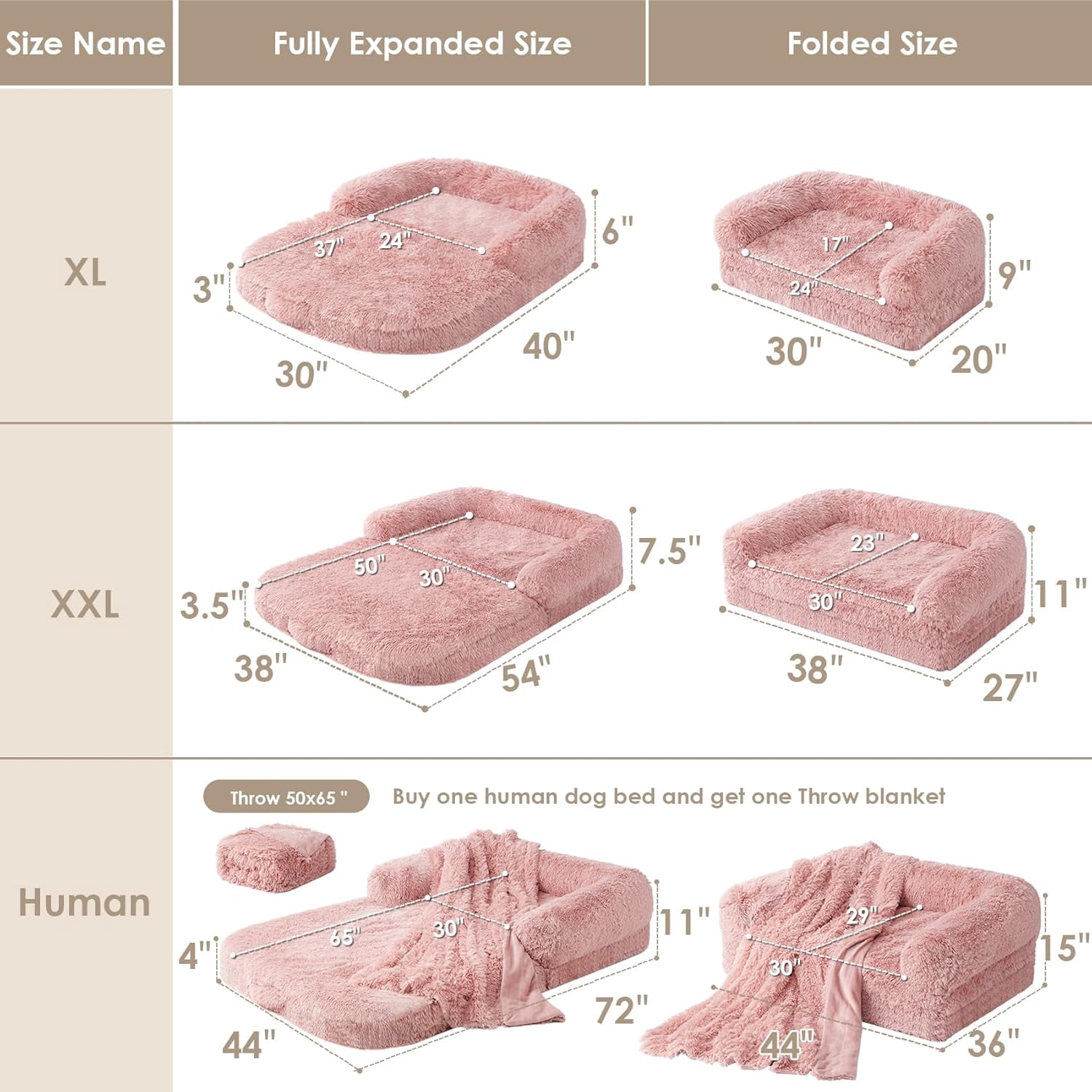 Foldable XXL Dog Bed, Faux Fur Fluffy Dog Bed for Extra Large Dogs, Orthopedic Calming Memory Foam Big Dog Couch Bed, Washable Soft Warm Dog Sofa Bed with Non-Slip Bottom, Pink, 54"x38"x7.5"