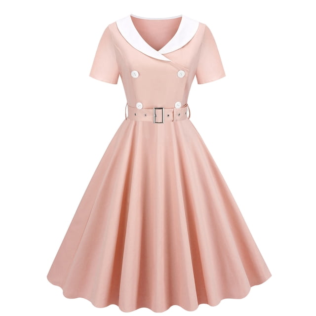 Robe Vintage à Manches Courtes pour Femmes Style Audrey Hepburn Années 1950 Rétro Rockabilly Ceinturée Cocktail Swing Tea Party