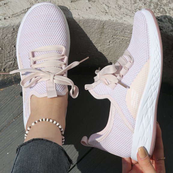 pwidon Women's Walking Sneakers Lightweight Lace Up Athletic Running Shoes Breathable Fly Knit Casual Sport Trainers Grey Black Pink 5.5