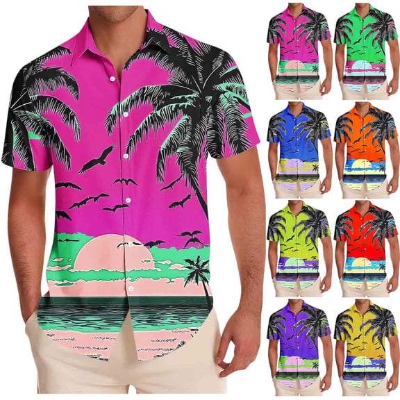 oelaio Mens Shirts Short Sleeve Summer Hawaiian Print Beach Shirts Outdoor Casual Loose Button Up Shirt Hot Pink L