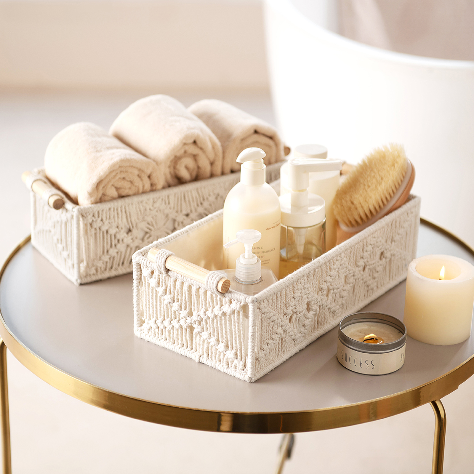 Mkono Set of 2 Small Baskets for Organizing Boho Decor Woven Decorative Storage Bins for Countertop Toilet Paper Box  Home Apartment Nursery