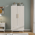 thumbnail image 3 of Armoire Wardrobe Closet with 2 Fluted Doors, Modern Freestanding Closet with Shelves and Hanging Rod, Wooden Clothing Organizer with 3 Drawers for Bedroom, 3 of 8