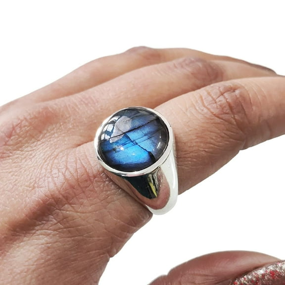 Labradorite Mans Ring, Natural Blue Fire Labradorite, Unisex Ring, Silver Jewelry, 925 Silver Ring, Birthday Gift, Heavy Men Ring, Simple Design, Big Gemstone Style Ring, Christmas, Mens Signet Ring