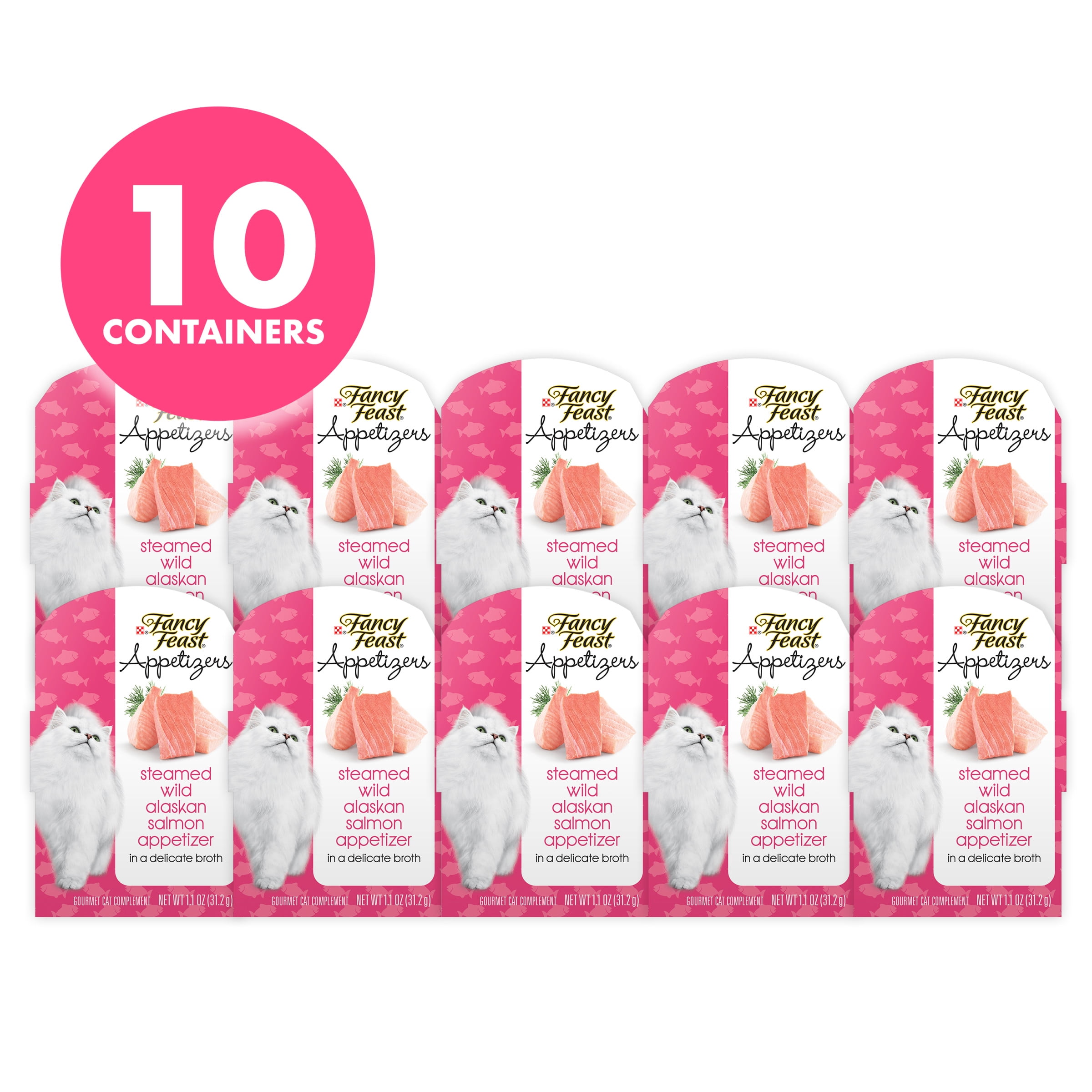 (10 Pack) Fancy Feast Wet Cat Food, Appetizers Steamed Wild Alaskan Salmon in Broth, 1.1 oz, Tray