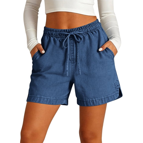 cocolona Womens Summer Casual Jean Shorts Elastic Waist Drawstring Splited Wide Leg Vacation Beach Shorts with Pockets