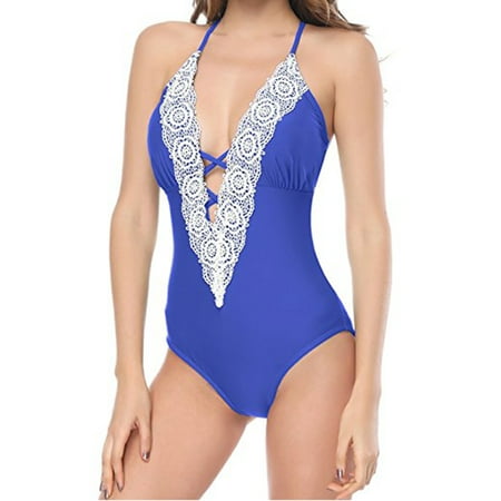 Women's Slimming Halter One-Piece Swimsuit Set Deep V Neck Floral Lace Cutout Bikini Bathing Suits