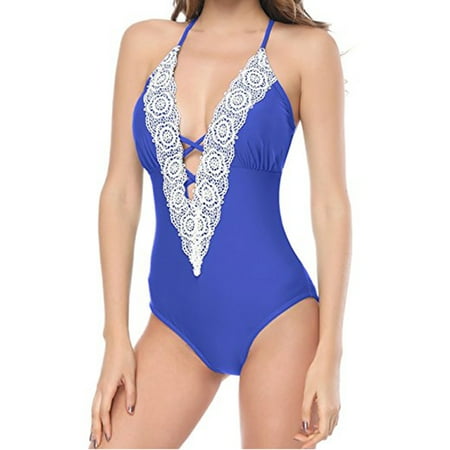 - Women's Slimming Halter One-Piece Swimsuit Set Deep V Neck Floral Lace Cutout Bikini Bathing Suits Swimwear