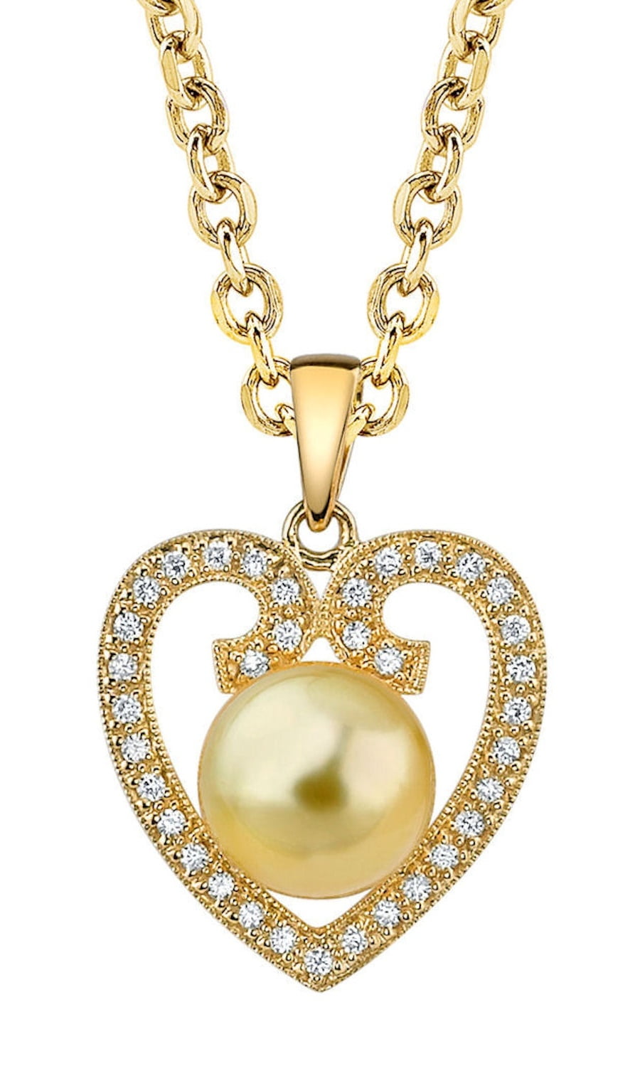 Heart Shaped Golden South Sea Cultured Pearl & Diamond Pendant Necklace in 18K Gold