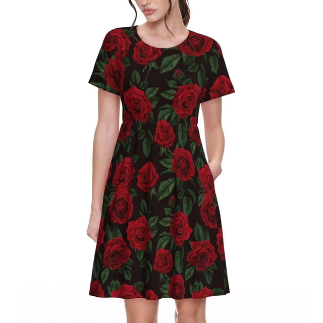 Bixox Robe d'Été à Manches Courtes pour Femmes Robe Ample Longueur Genou avec Poches-Rose