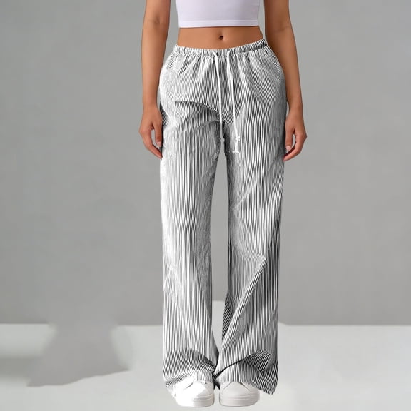 Mifsaly Striped Wide Leg Pants for Women High Waist Drawstring Lounge Bottoms Loose Flowy Casual Summer Vacation Beach Pant XXL