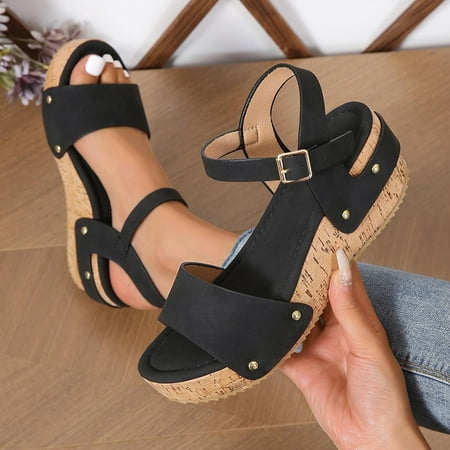 

FAKKDUK Women s Wedge Platform Sandals Elastic Ankle Strap Cork Platform Sandals Ladies Shoes Platform Wedge Heel Open Toe Sandals Female Chunky Platform Sandals 8.5&Black
